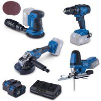 Akku-Aktions-Set AS200 Scheppach - 20V | Stichsäge | Bohrschrauber | Exzenterschleifer | Winkelschleifer | inkl. 2x 4Ah Akku & 2