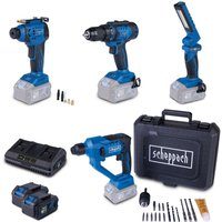 Akku-Aktions-Set AS300 Scheppach - 20V | Bohrhammer | Bohrschrauber | Handkompressor | Arbeitsleuchte | inkl. 4Ah Akku & 2